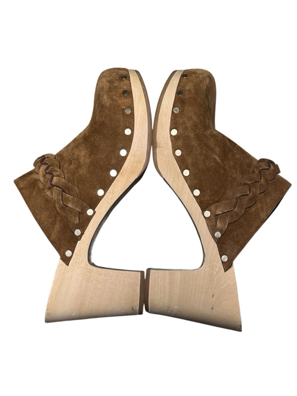 Loeffler Randall Merrill brown suede braided strap gold stud wooden clogs luxury - Picture 8 of 12